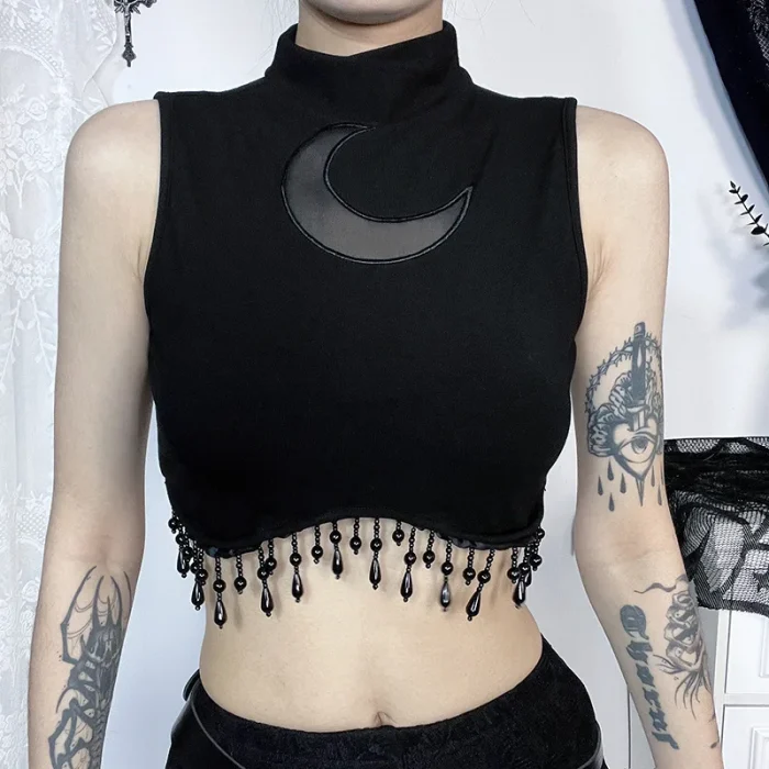 Goth Dark Cyber Y2K Skinny Turtleneck Tank Top Sexy Moon Chain Tassel Sleeveless Crop Tops Gothic Women Punk Streetwear Alt Vest &#8211; black 5